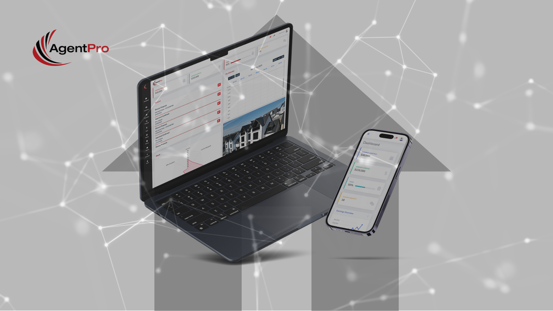 Laptop and mobile phone showing agentpro software