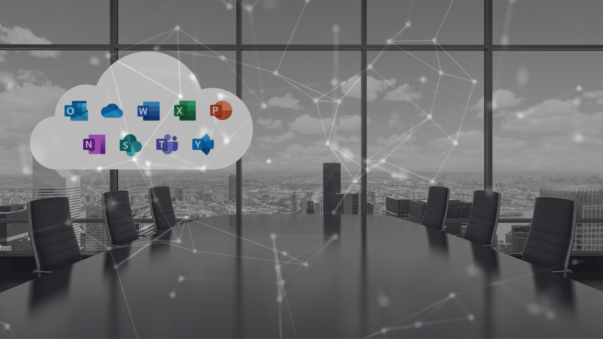 Boardroom with microsoft icons in a cloud